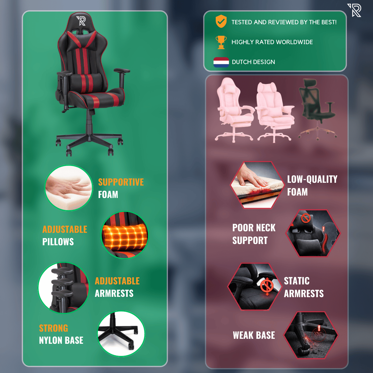 Gráfico comparativo que muestra las características de calidad de una silla gaming ergonómica frente a alternativas de baja calidad.
