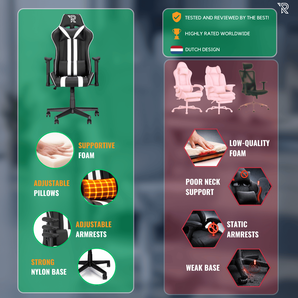 Gráfico comparativo destaca los beneficios de una silla de juego de calidad frente a una alternativa.