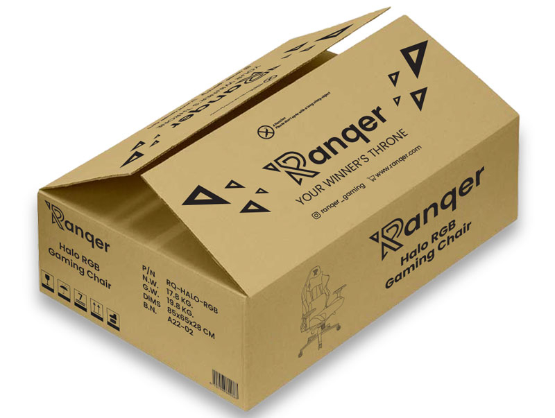 Una caja de cartón marrón para la silla gaming Ranger Halo RGB con logotipo y detalles del producto.