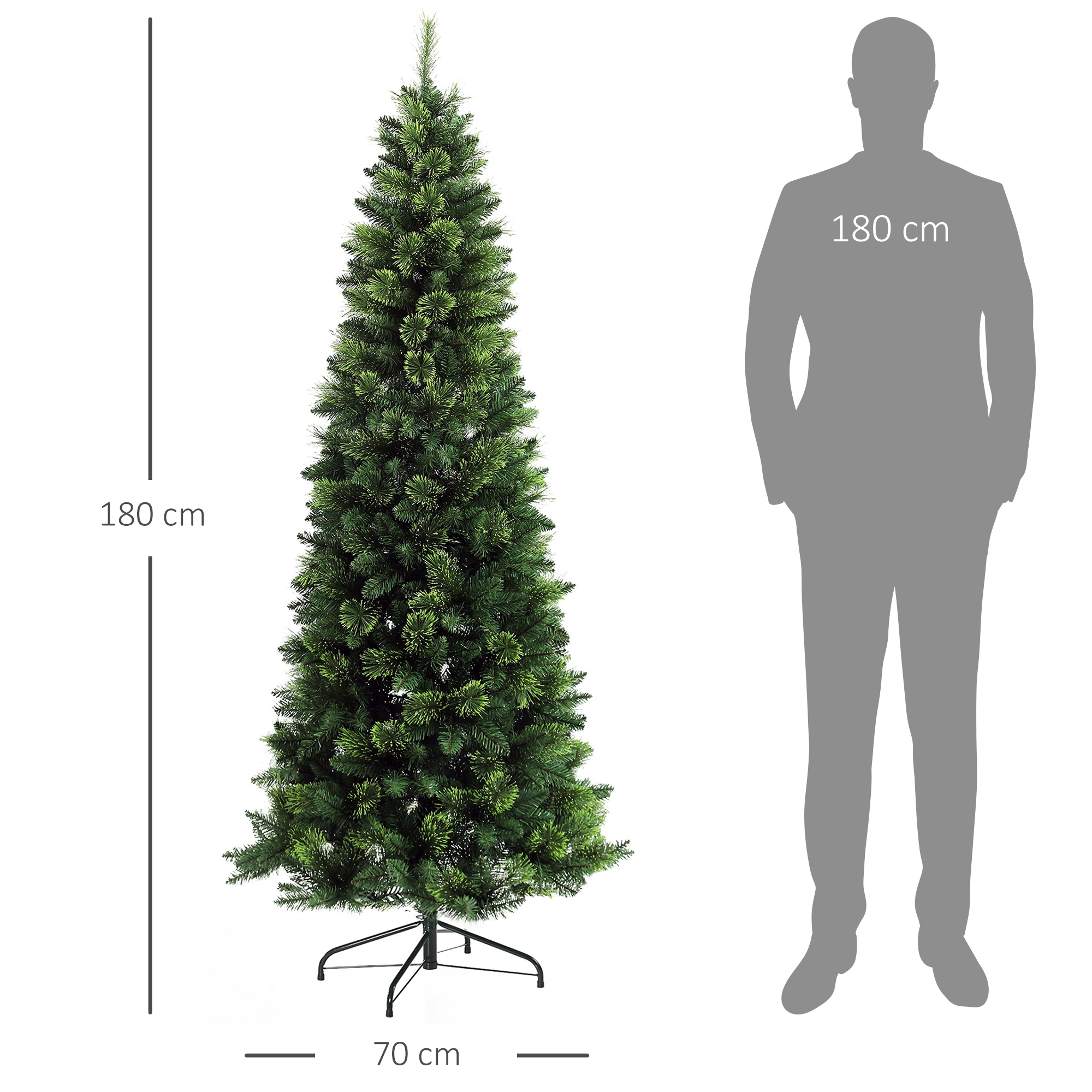 Un árbol de Navidad artificial verde con una altura de 180 cm al lado de una silueta humana.