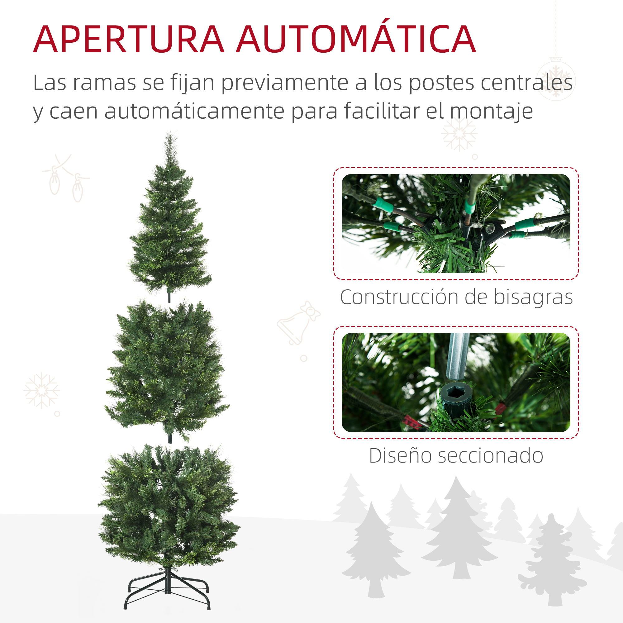 Diagrama muestra el montaje de un árbol de Navidad artificial con ramas abatibles y diseño seccional.