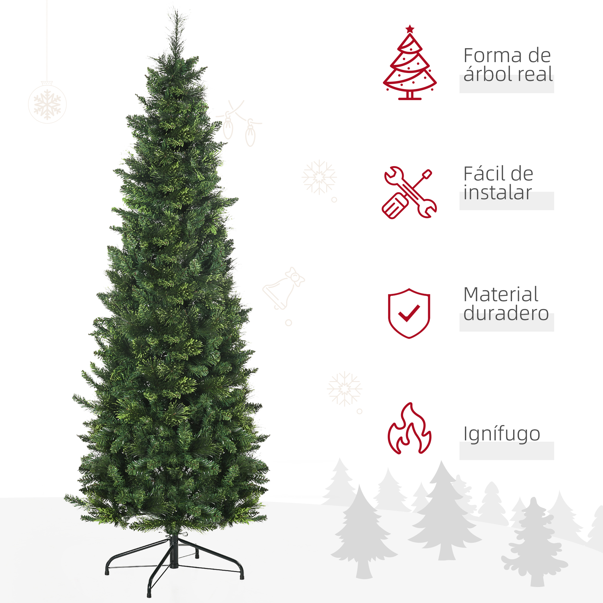 Un árbol de Navidad artificial verde con soporte, acompañado de cuatro iconos de características con texto sobre fondo blanco.