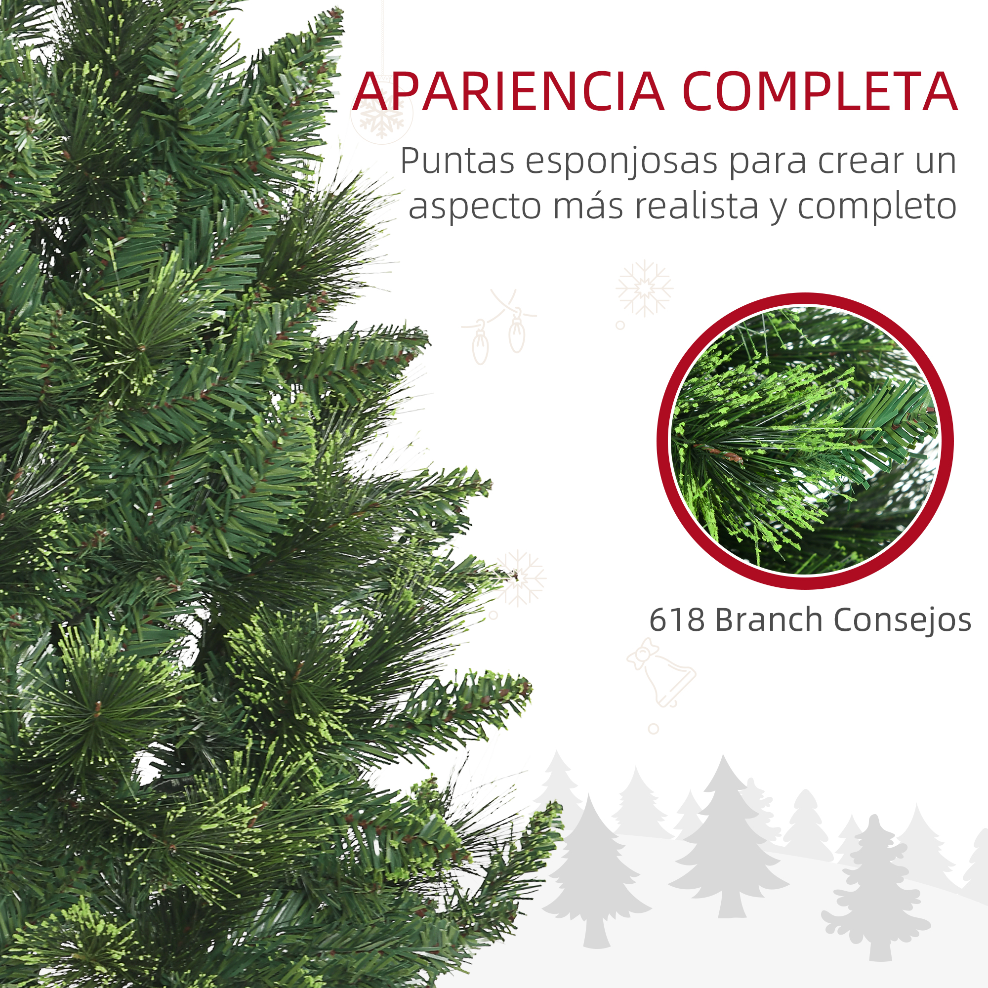 Árbol de navidad artificial verde con 618 ramas esponjosas para un aspecto realista.