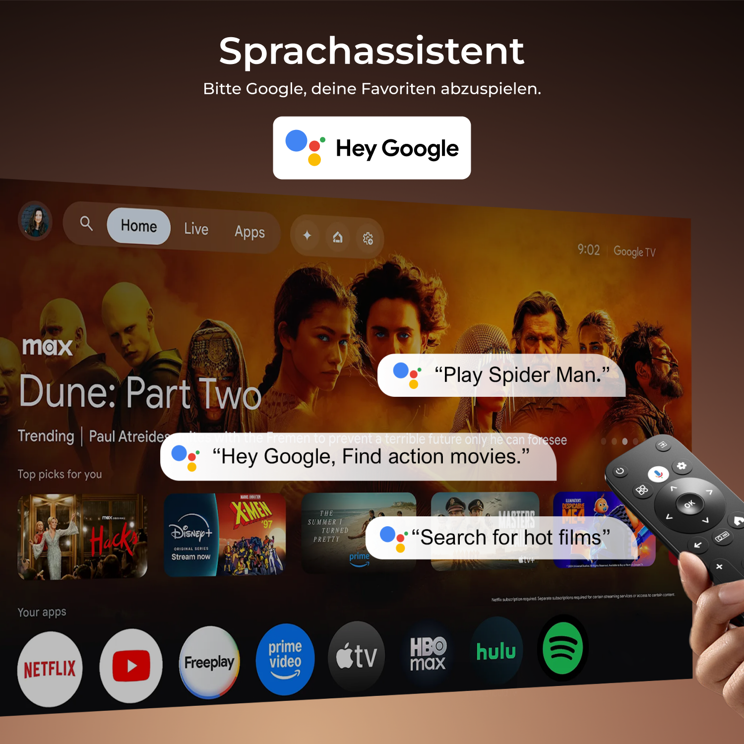 Smart TV Benutzeroberfläche mit Google Assistant Sprachbefehlen und Fernbedienung.