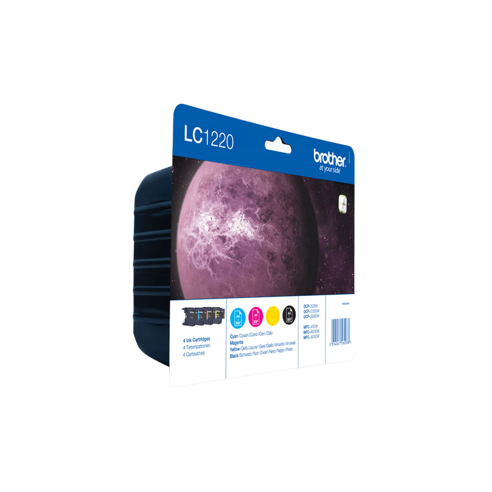 Paquete de cartuchos de tinta Brother LC1220 con diseño de planeta morado y cuatro colores.