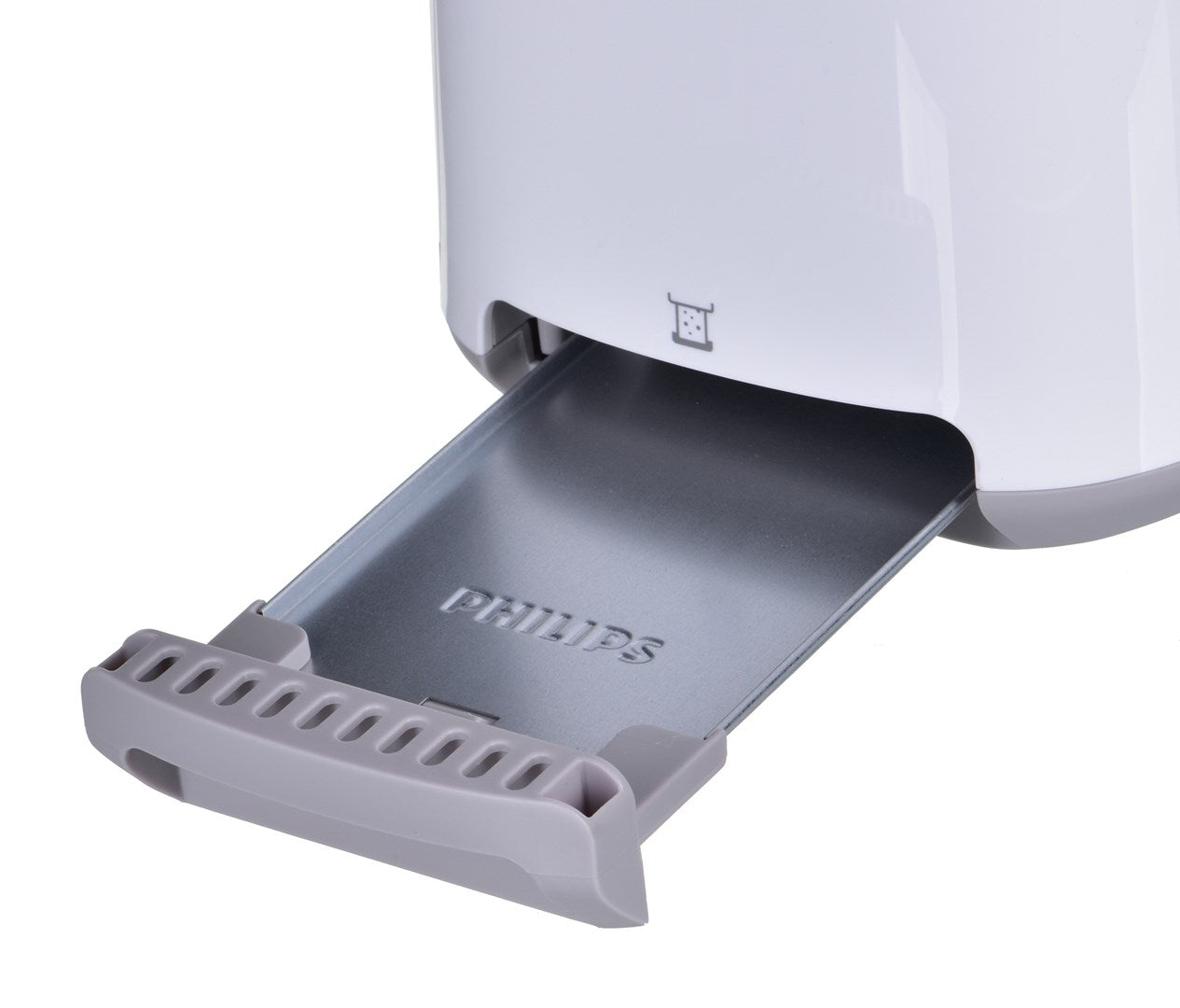 Il vassoio raccoglibriciole di un tostapane bianco Philips è estratto.