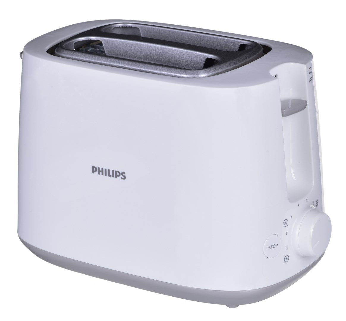 Un tostapane bianco Philips a due fessure con controlli grigi, su sfondo bianco.
