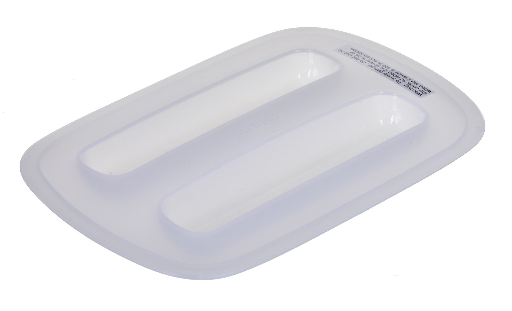 Coperchio per tostapane in plastica traslucida con due fessure ed etichetta.