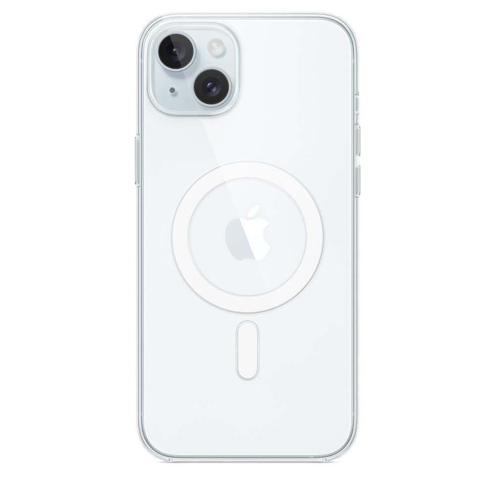 Parte trasera de un iPhone en una funda transparente con anillo MagSafe y dos lentes de cámara sobre fondo blanco.
