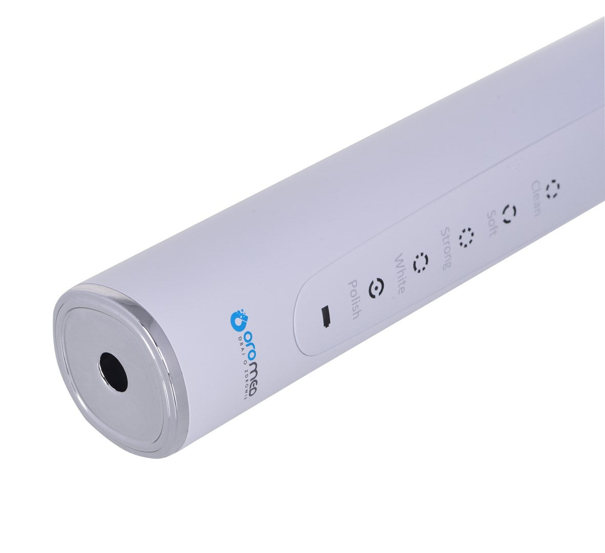 Un mango de cepillo de dientes eléctrico blanco con indicadores de modo y base plateada.