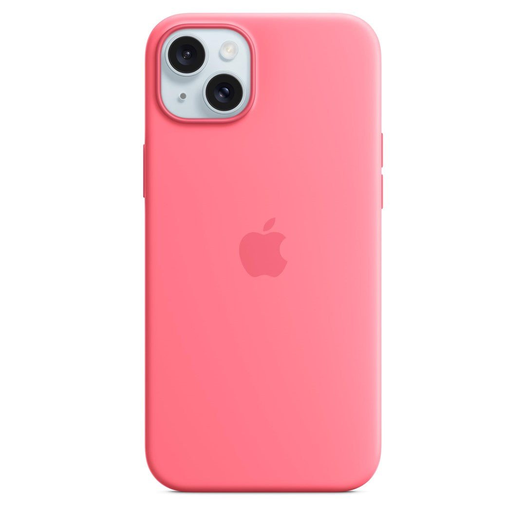 Una cover per iPhone rosa con due fotocamere sul retro e il logo Apple al centro.