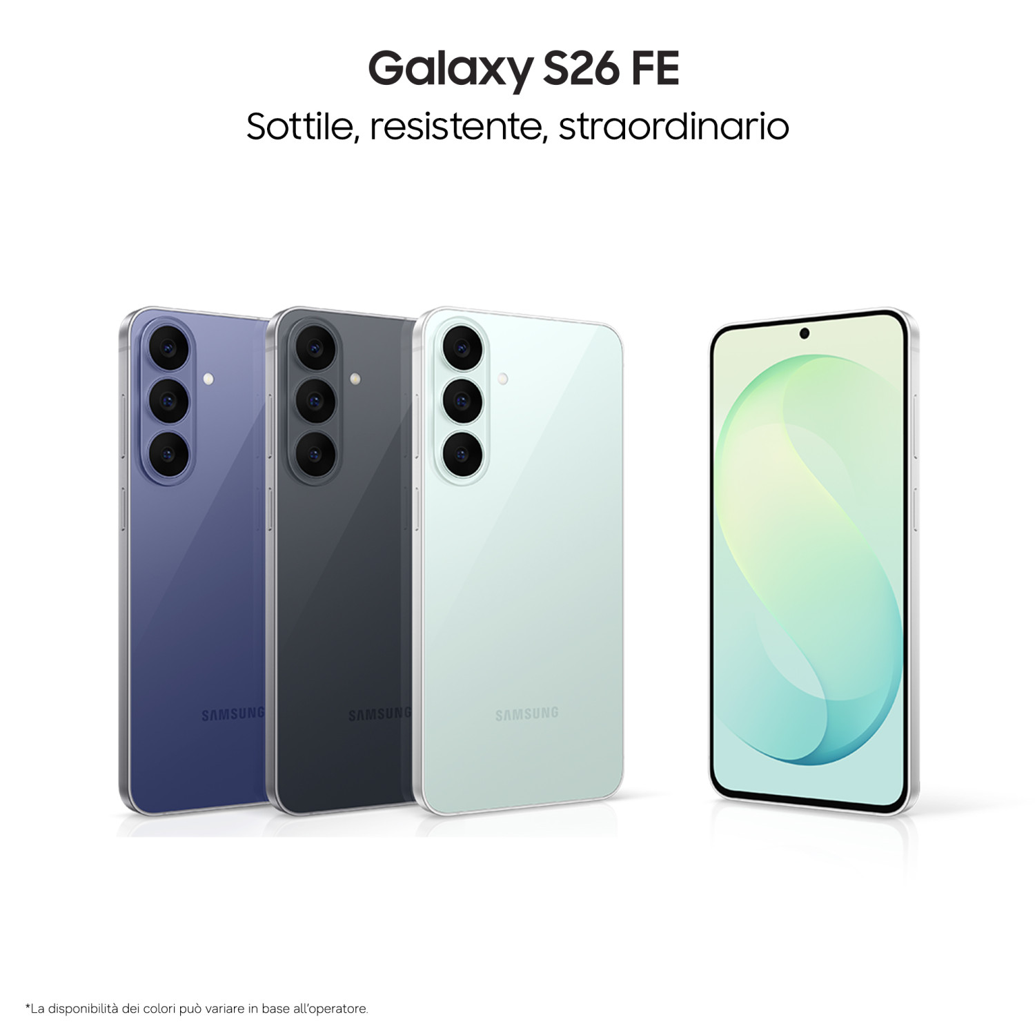 Vier Galaxy S26 FE Smartphones in verschiedenen Farben, drei zeigen die Rückseite, eines die Vorderseite.