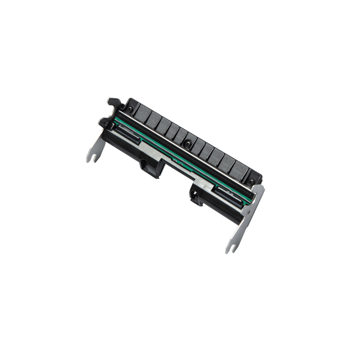 Eine schwarze und grüne Computerhardwarekomponente, wahrscheinlich eine PCI-Halterung, auf weißem Hintergrund.