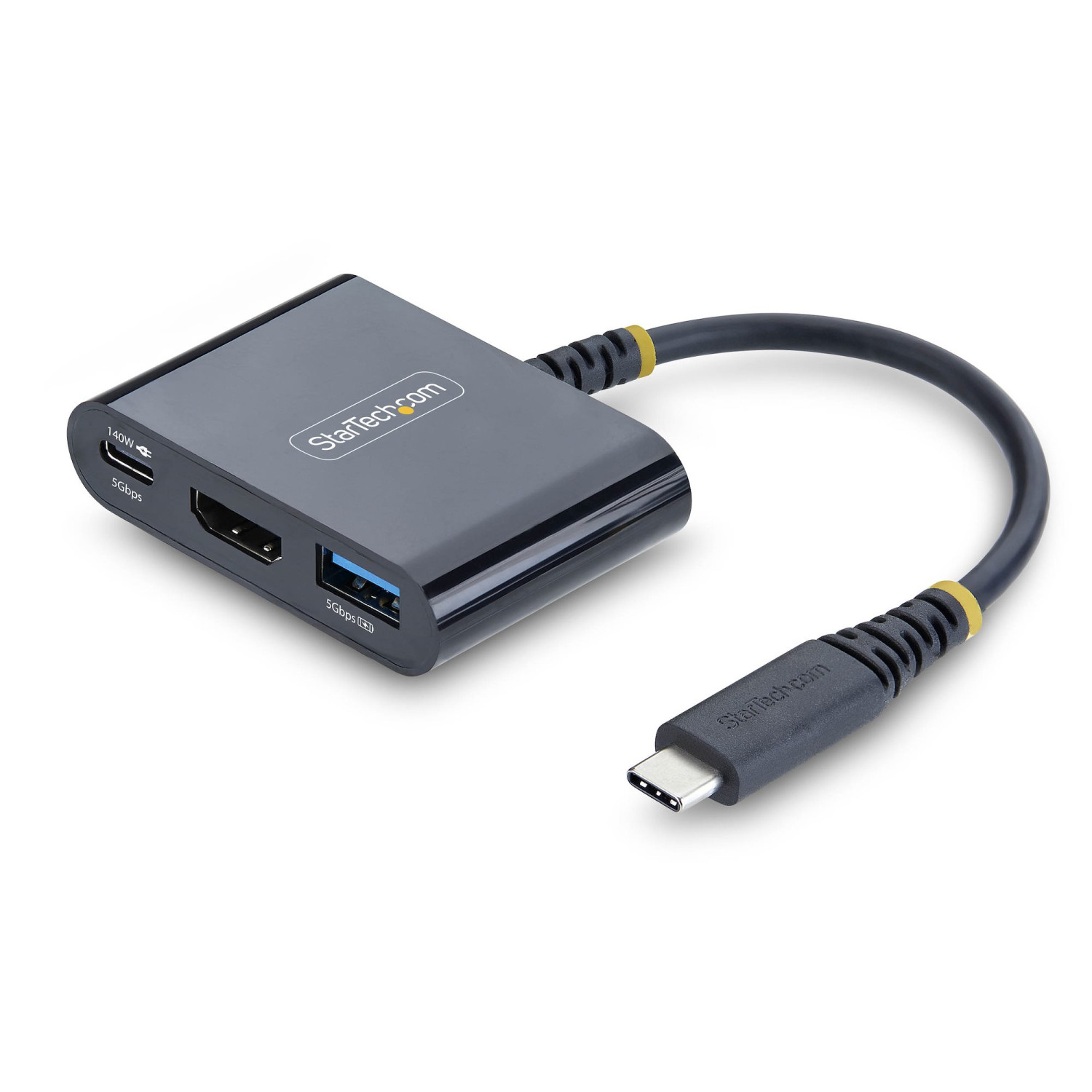 Ein schwarzer StarTech Multiport-Adapter mit USB-C-Kabel, HDMI- und USB-Anschlüssen vor weißem Hintergrund.