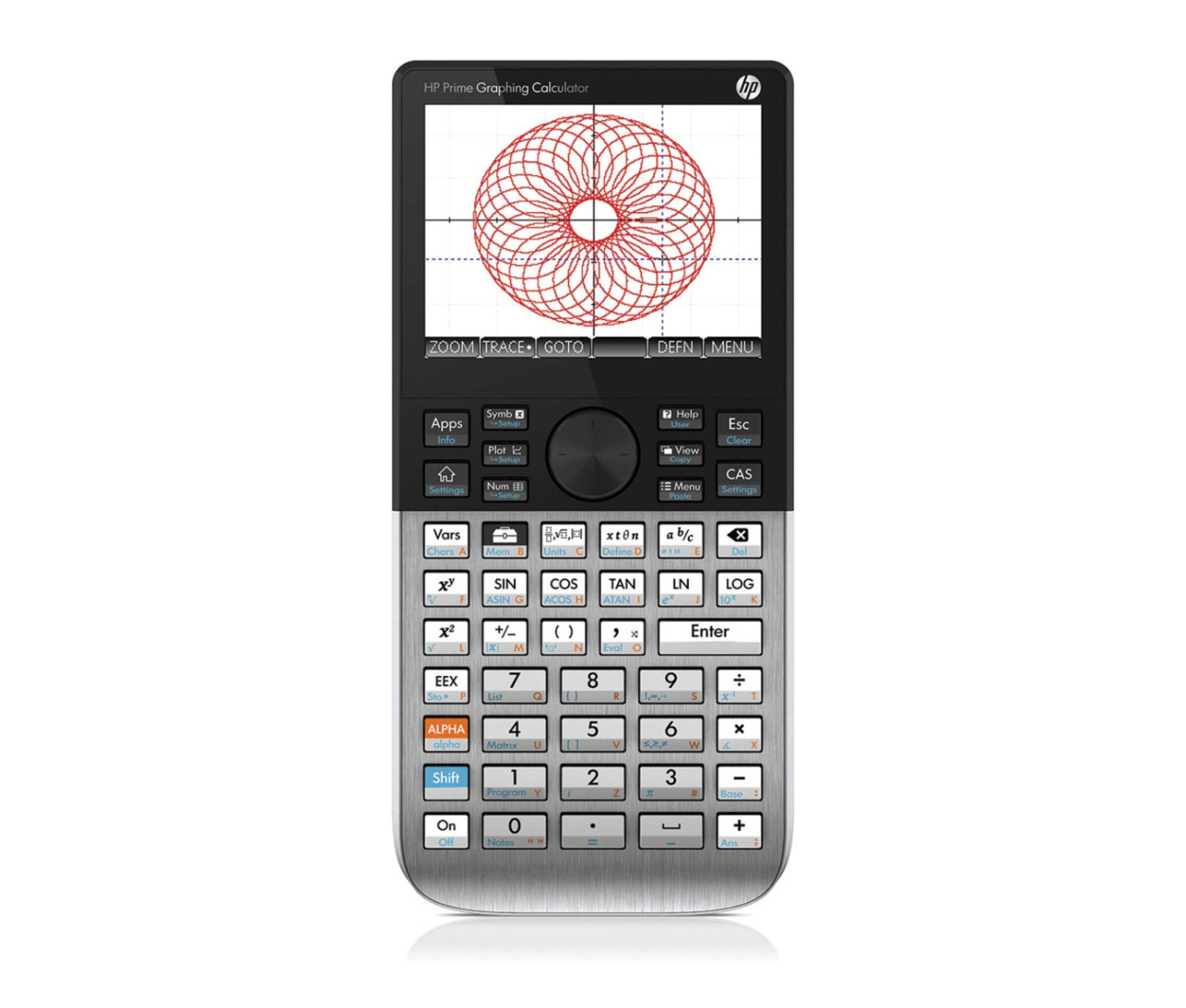 Ein HP Prime Grafikrechner zeigt einen roten geometrischen Graphen auf dem beleuchteten Bildschirm.
