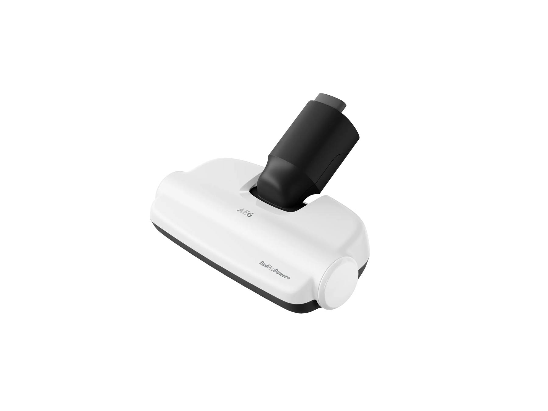 Un accesorio de aspiradora AEG BedProPower+ blanco y negro sobre fondo blanco.