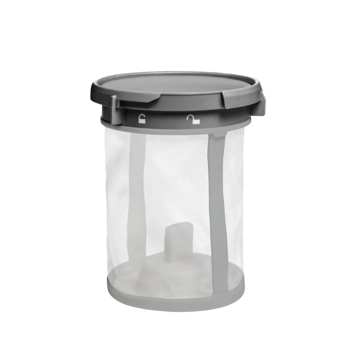 Un recipiente de plástico cilíndrico gris con cuerpo de malla transparente y anillo de cierre.