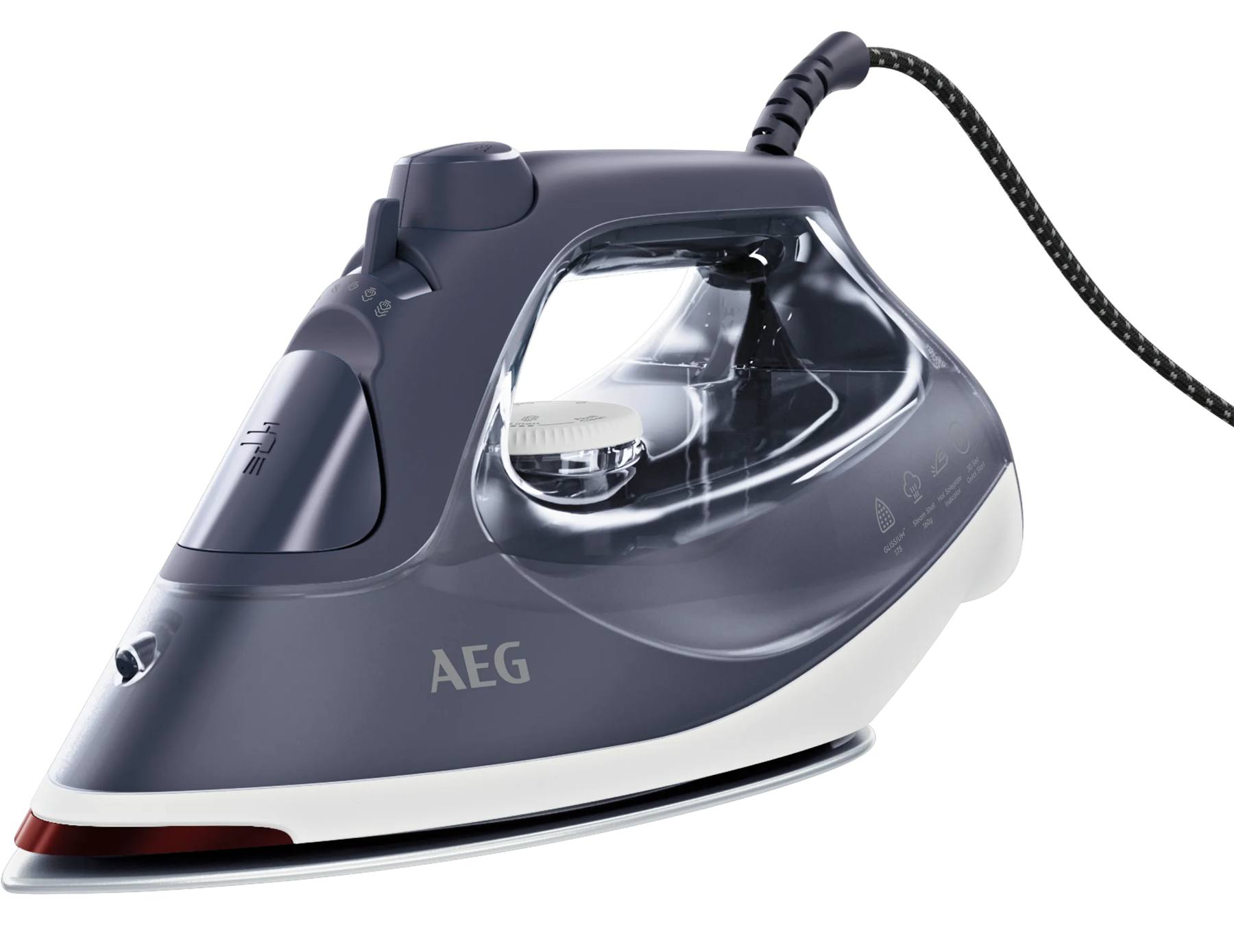 Una plancha de vapor AEG gris y blanca con tanque de agua transparente y cable de tela, aislada sobre fondo blanco.