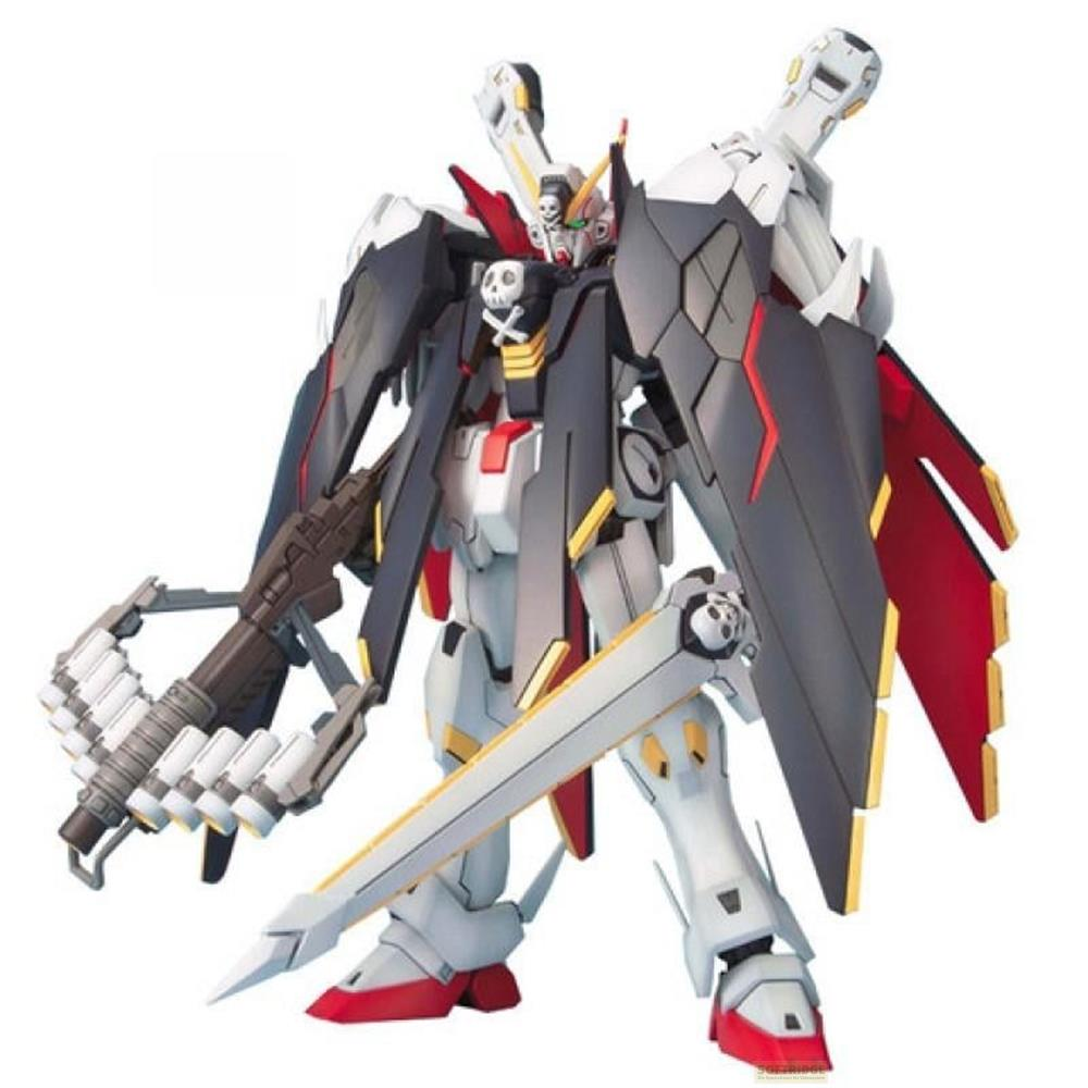 Detaillierte weiß-schwarz-rote Gundam-Figur mit Totenkopf-Motiven, großem Schwert und schwerer Waffe.