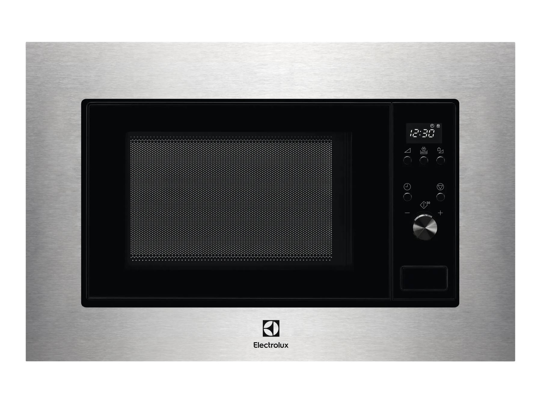 Microondas empotrable Electrolux de acero inoxidable con puerta de vidrio negro, pantalla digital y mandos giratorios.