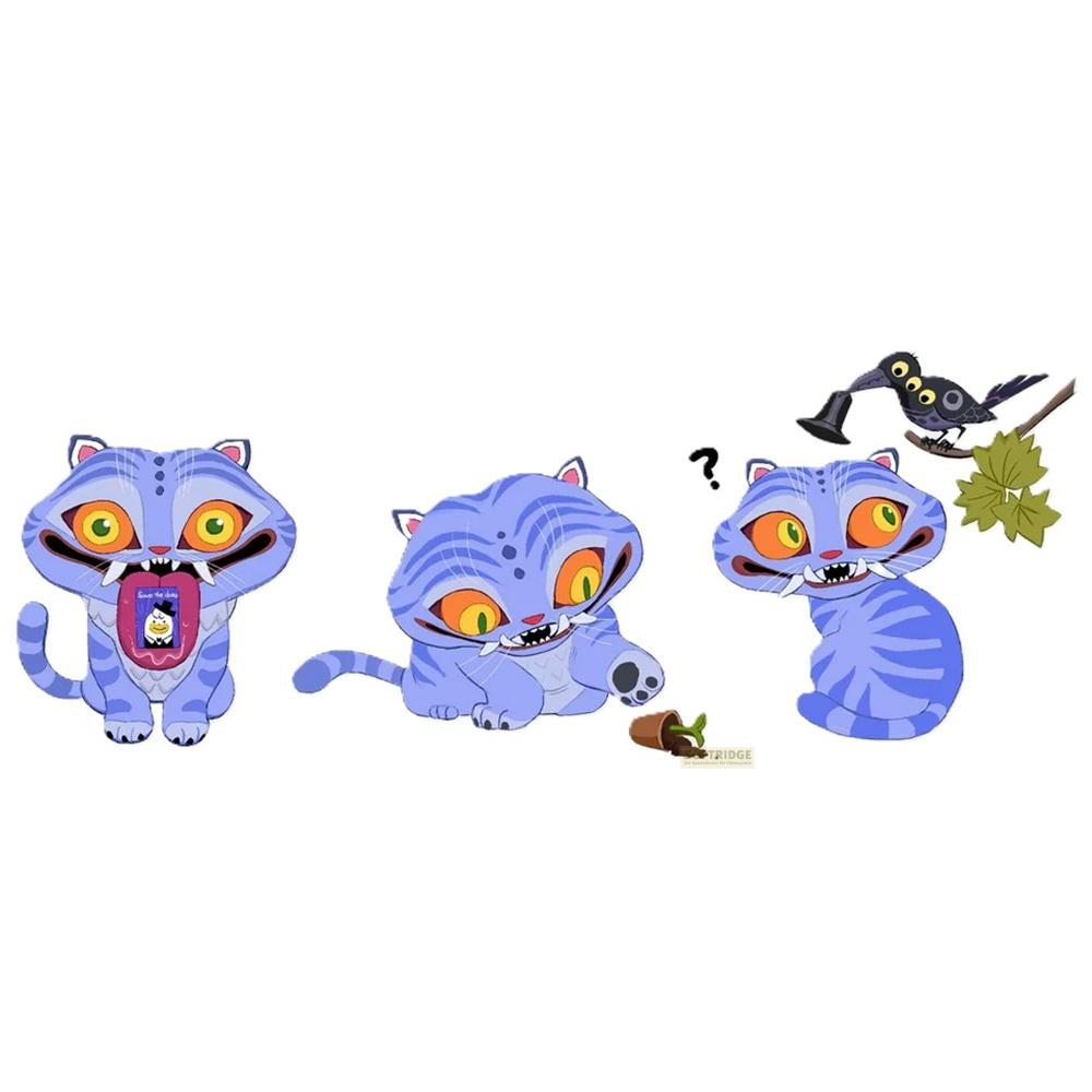 Drei Illustrationen einer blauen, tigerähnlichen Kreatur mit orangen Augen in verschiedenen Szenen mit einer Topfpflanze und einem Vogel.