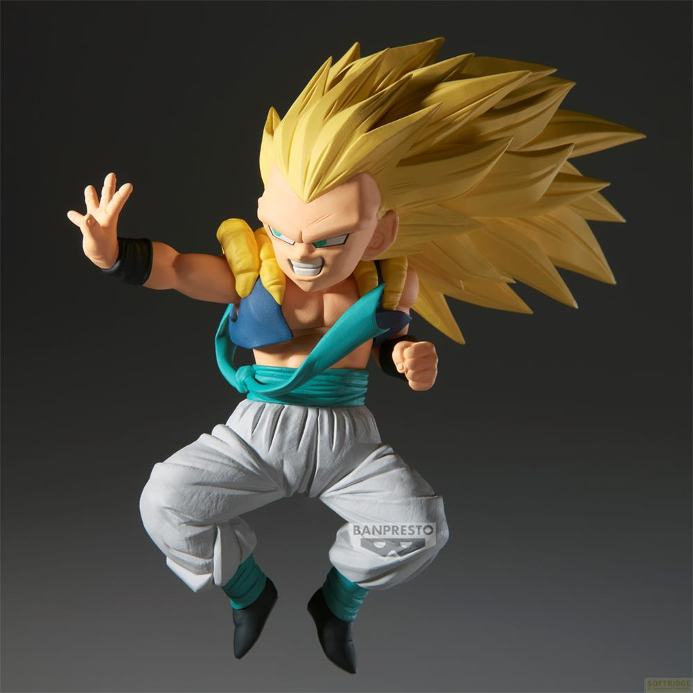 Figura anime przedstawiająca Super Saiyana 3 Gotenksa w pozie akcji, z kolczastymi blond włosami i w niebiesko-białym ubraniu.