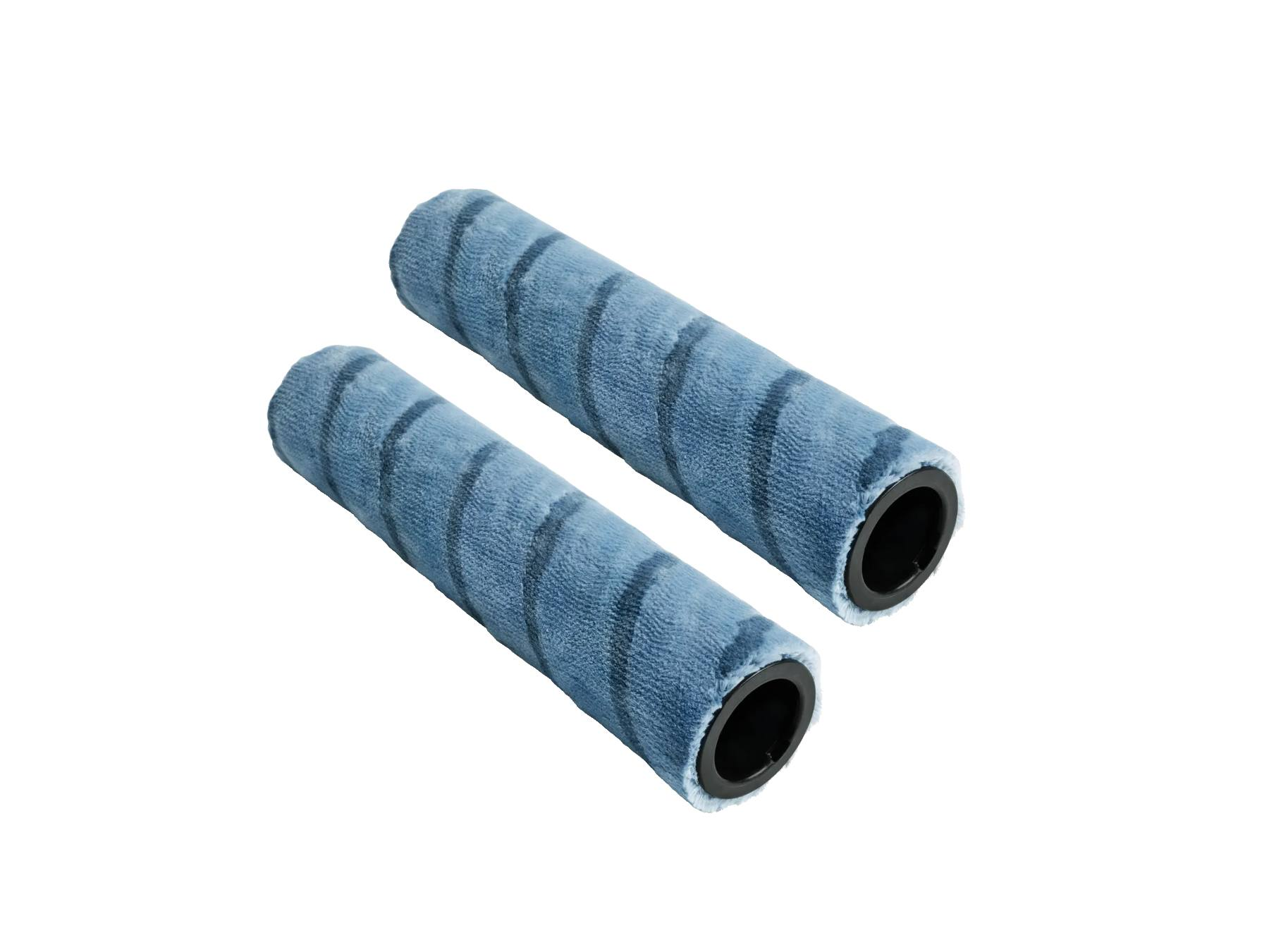 Dos rodillos de aspiradora peludos azules con extremos negros sobre fondo blanco.