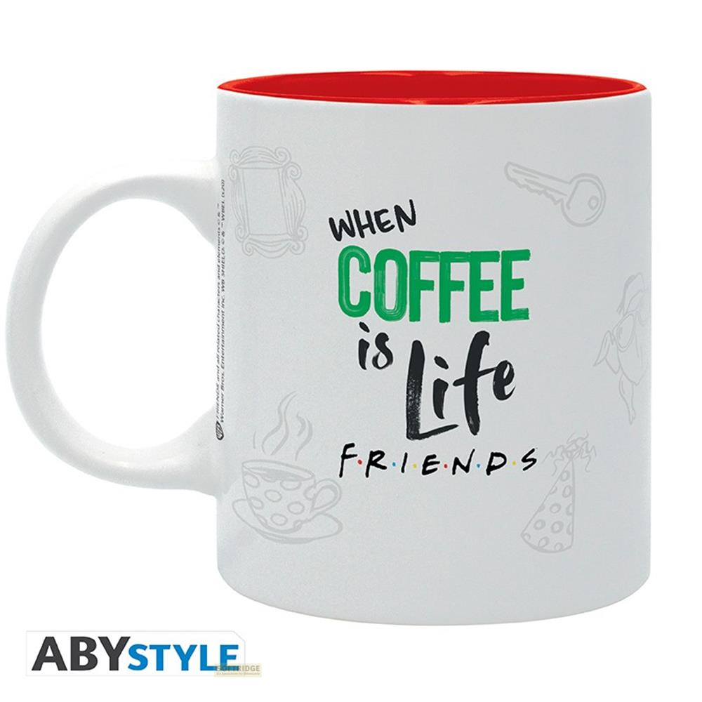 Weiße Tasse mit rotem Innenraum, der Aufschrift "When COFFEE is Life FRIENDS" und kleinen grauen Symbolen auf weißem Grund.