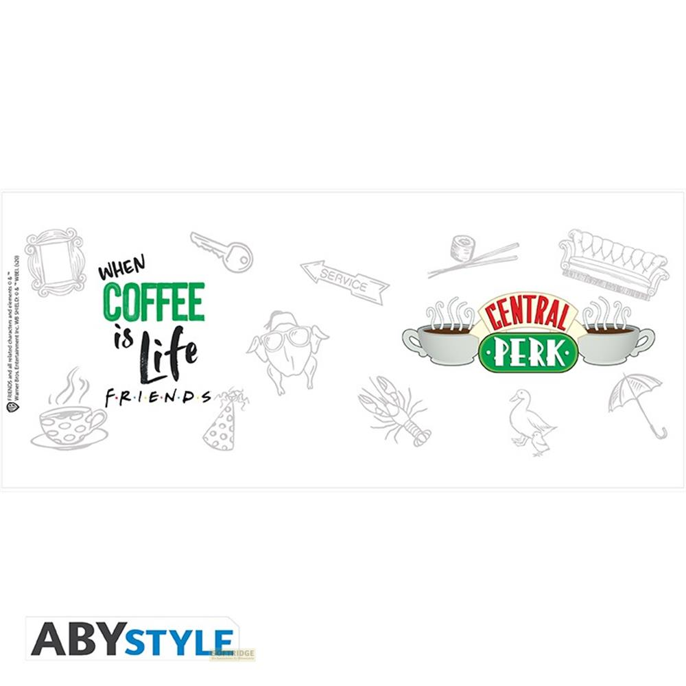 Friends TV-Show Tassendesign mit Central Perk Logo, Text und Icons auf weißem Hintergrund.