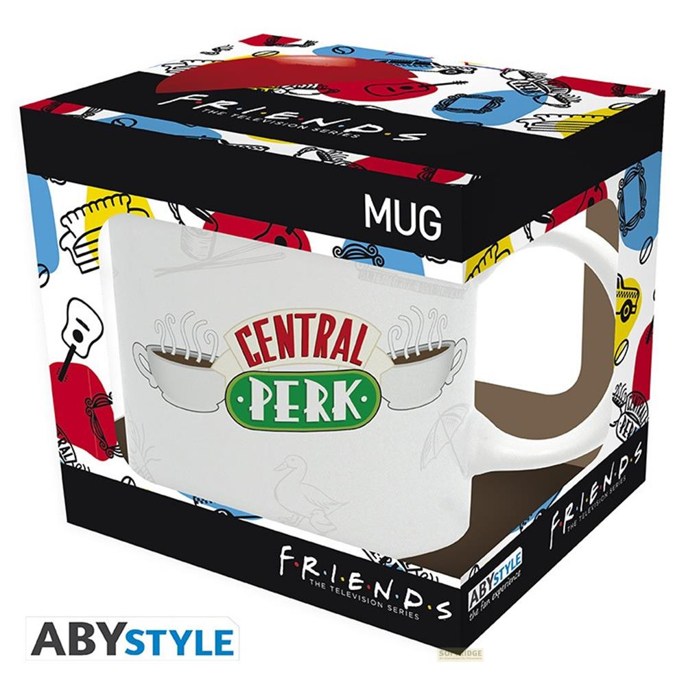 Eine weiße Friends Central Perk Tasse in einer bunten Verpackung.