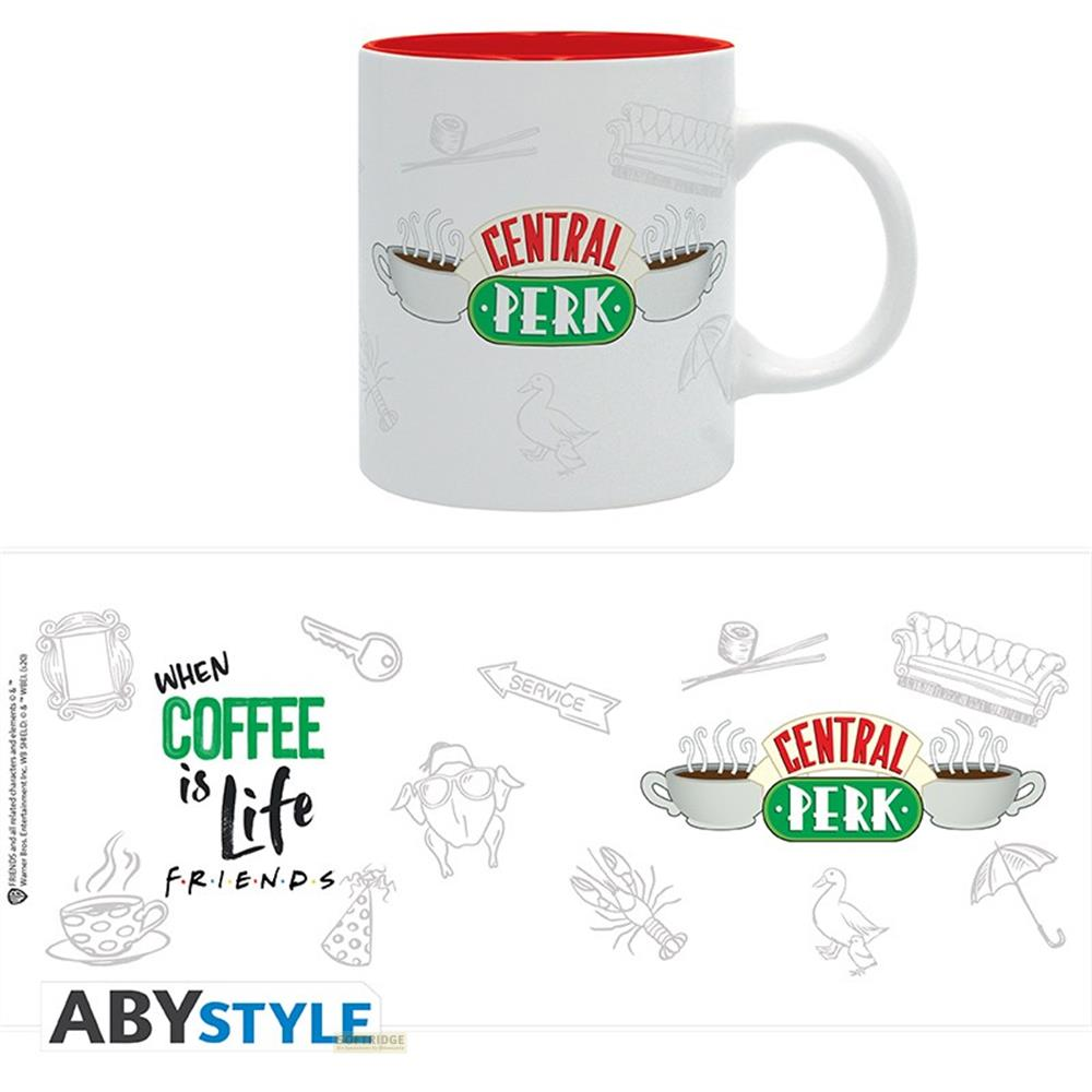 Eine weiße Friends-Tasse mit rotem Innenraum und dem Central Perk-Logo, umgeben von kultigen Skizzen.