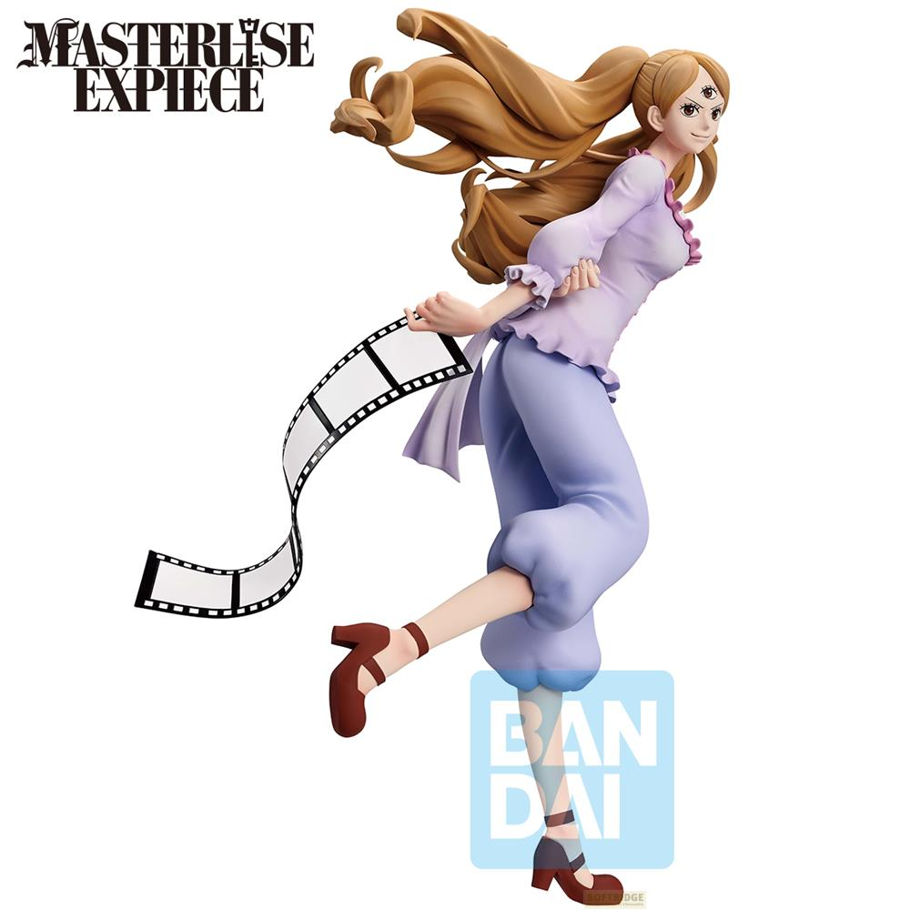 Sammelfigur einer anime-frau mit langem braunem haar, die ein filmband hält und gegen einen weißen hintergrund läuft.