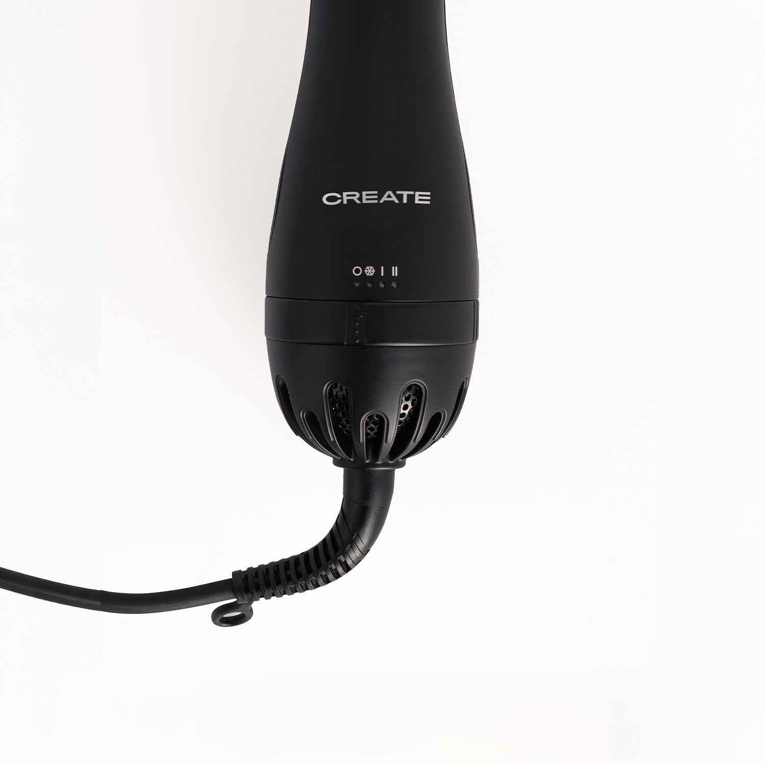 Un mango de secador negro con la palabra CREATE, botones de control, base ventilada y cable de alimentación.