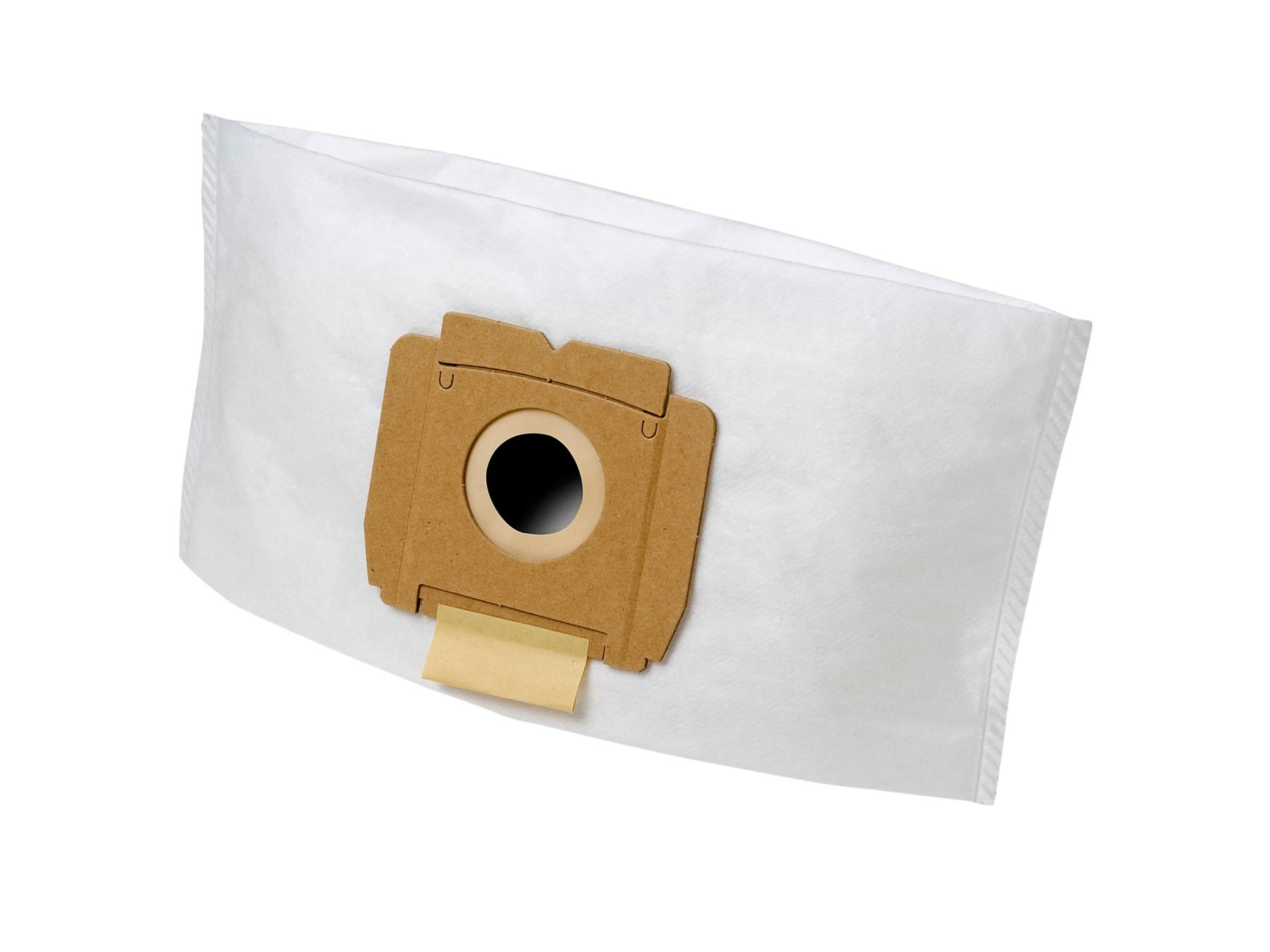 Una bolsa de aspiradora sintética blanca con un collar de cartón marrón y un orificio central.