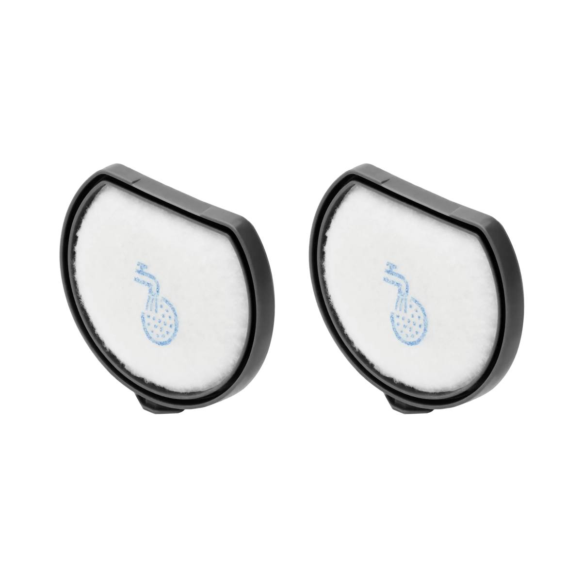 Dos filtros de mascarilla ovalados con bordes negros y material filtrante blanco.