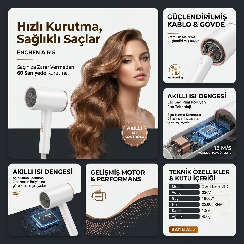 Enchen Air 5 saç kurutma makinesi için özellikler ve model içeren tanıtım afişi.