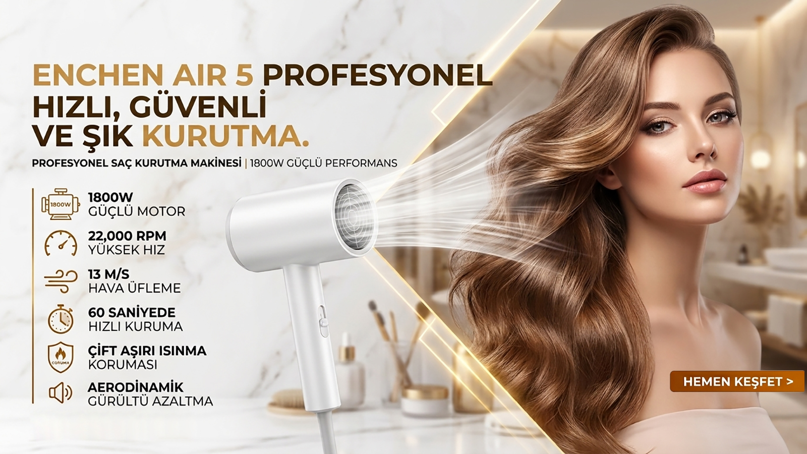 Mermer arka planda model ve ürün özellikleriyle Enchen Air 5 saç kurutma makinesi reklamı.