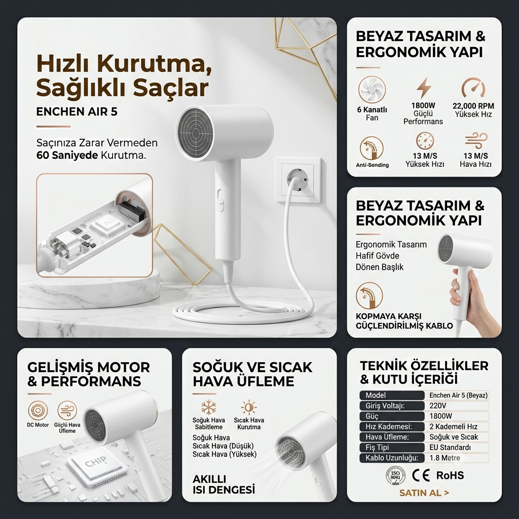 Teknik özellikleri, fonksiyonları ve beyaz rengiyle Enchen Air 5 saç kurutma makinesi ürün reklamı.