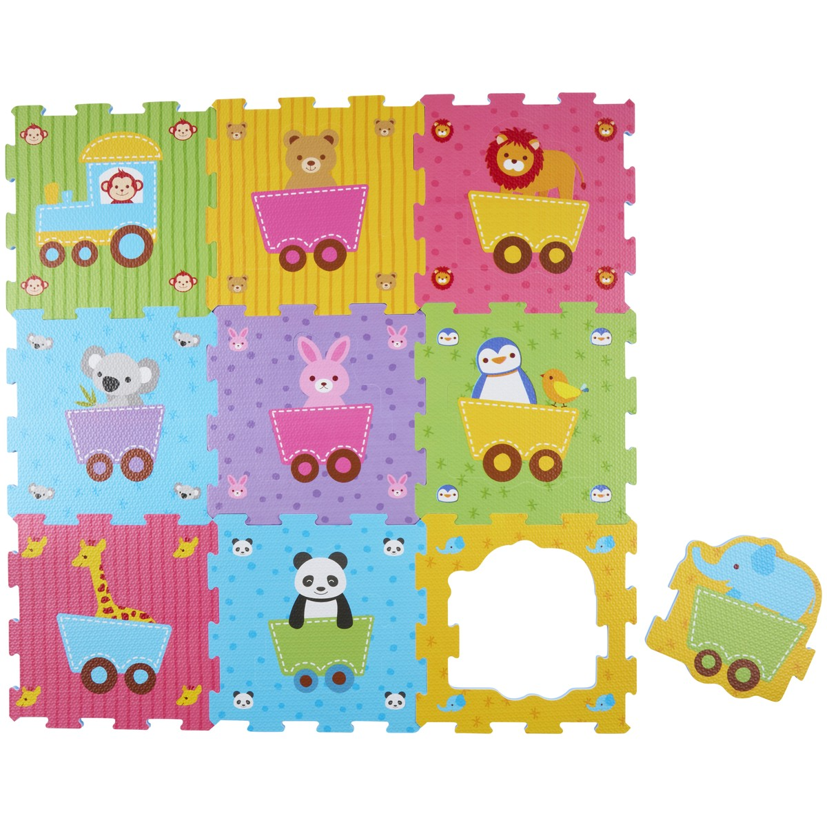 Colorful interlocking foam play mat with animal characters riding in train cars and a missing puzzle piece.