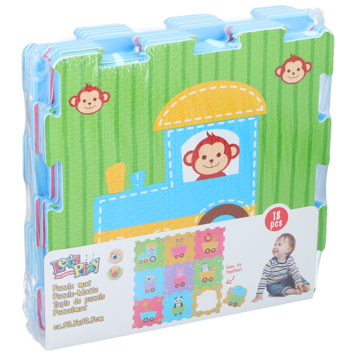 Wrapped children's foam puzzle mat with colorful animal and train designs.