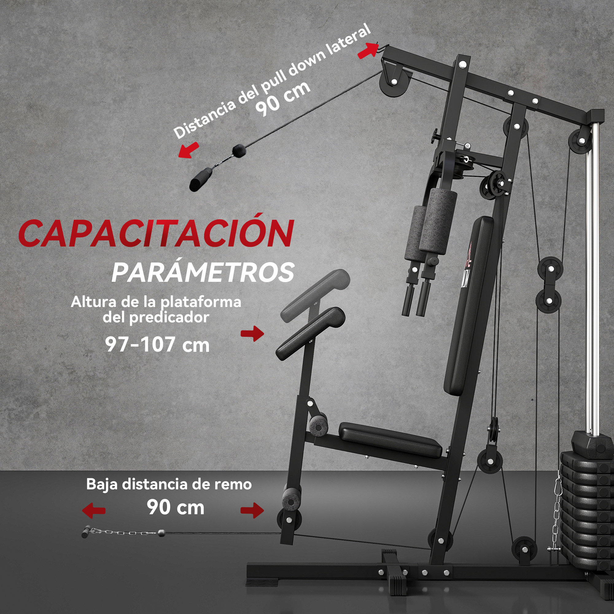 Gimnasio en casa negro con pesas y medidas contra una pared gris.
