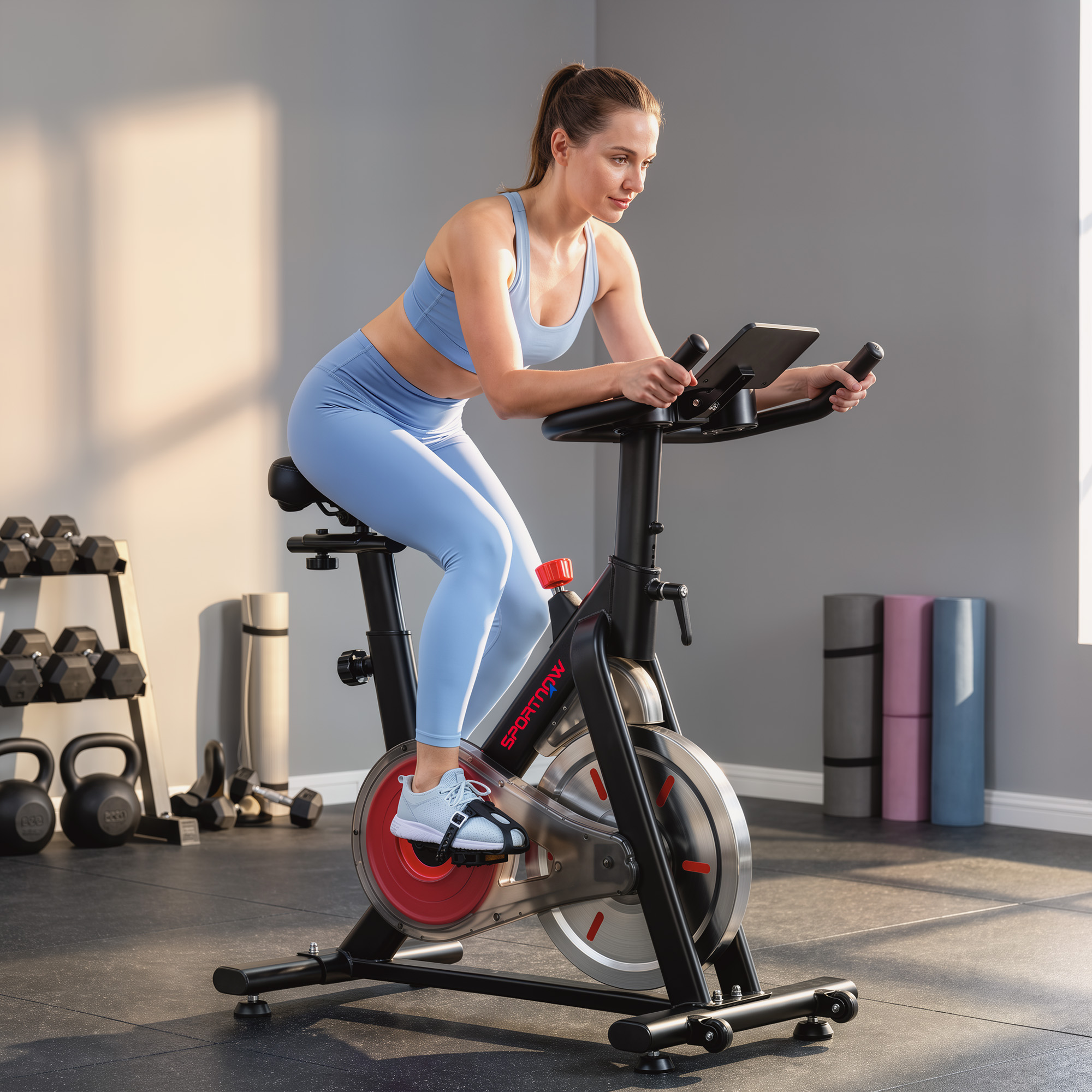 Una mujer con ropa deportiva azul hace ejercicio en una bicicleta estática en un gimnasio.