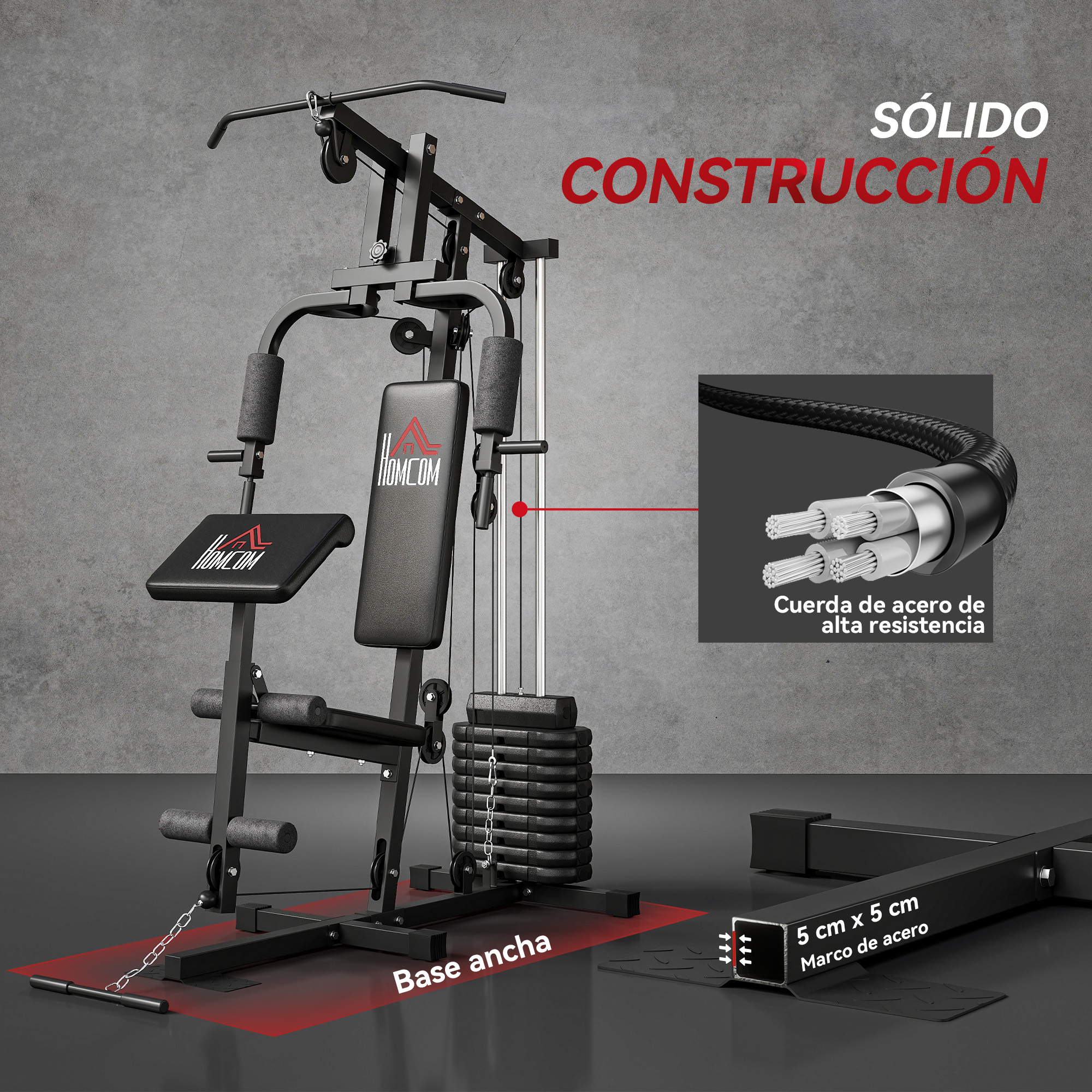 Gimnasio multifunción negro con pesas, cables de acero y texto sobre fondo gris.