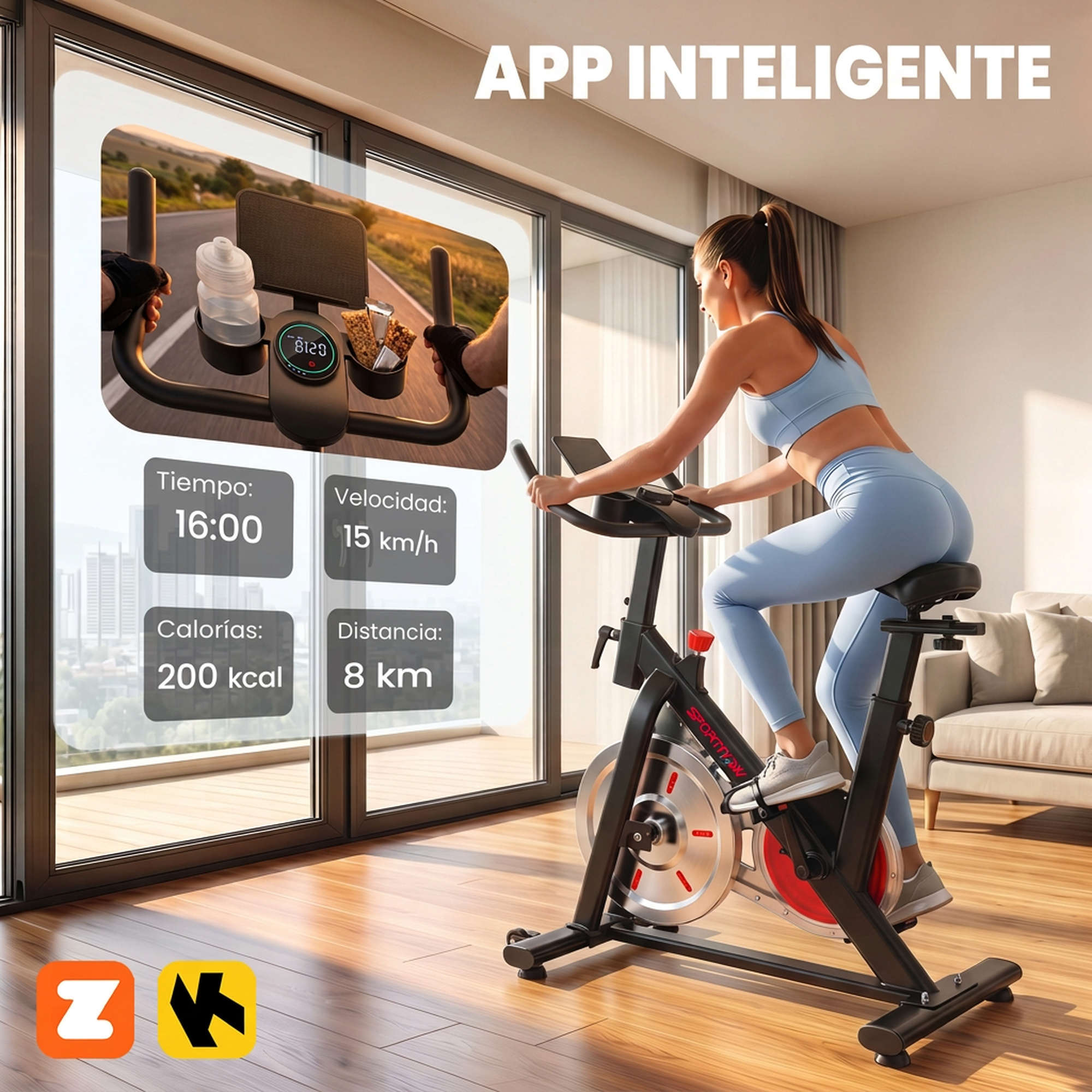 Una mujer en ropa deportiva azul monta una bicicleta estática en una sala luminosa, con estadísticas de entrenamiento.