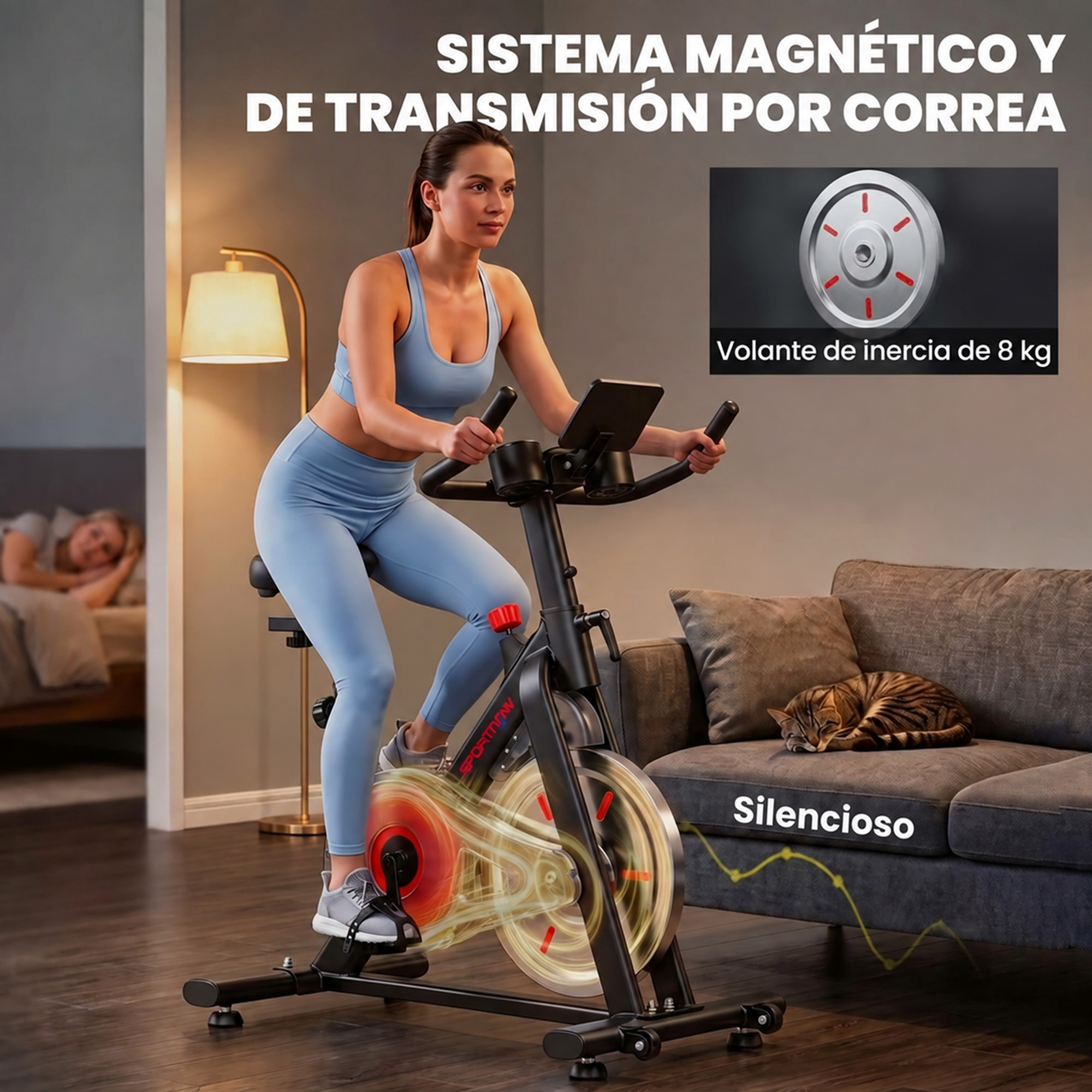Una mujer con ropa deportiva azul hace ejercicio en una bicicleta estática en una sala con un gato durmiendo en el sofá.