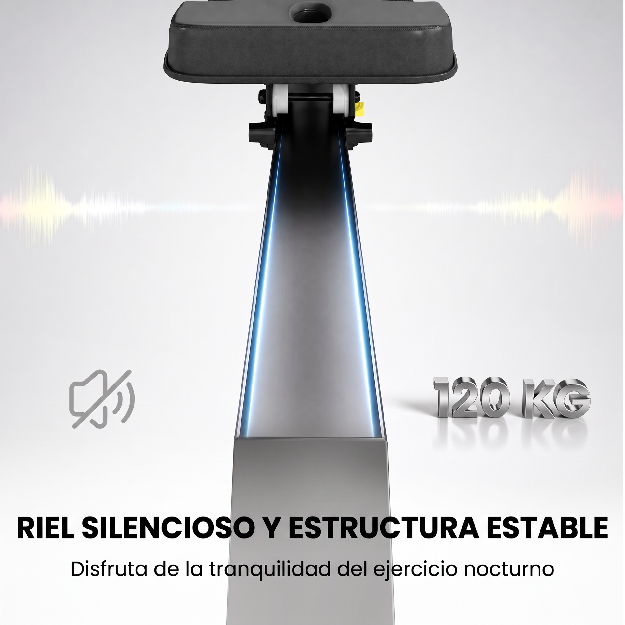 Primer plano del riel de una máquina de remo con icono de silencio y texto de 120 kg sobre fondo gris.