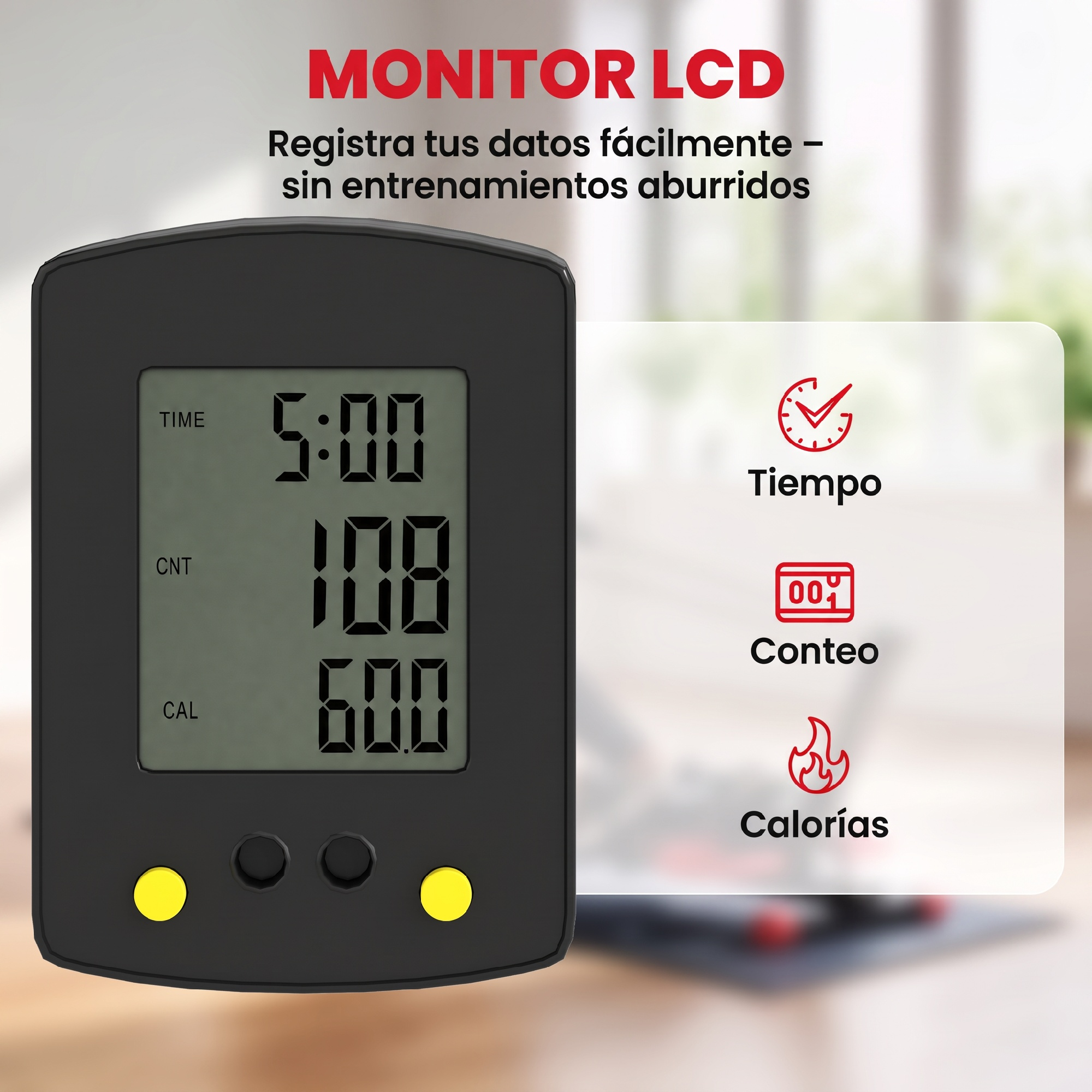 Monitor LCD que muestra tiempo, conteo y calorías sobre un fondo borroso.