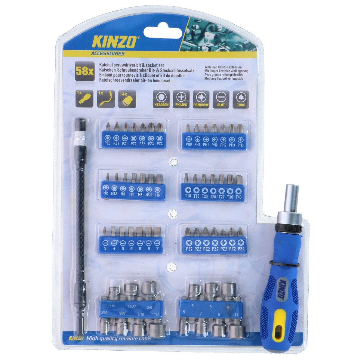 Ein 58-teiliges Kinzo Schraubendreher- und Steckschlüssel-Set in ungeöffneter Blisterverpackung.