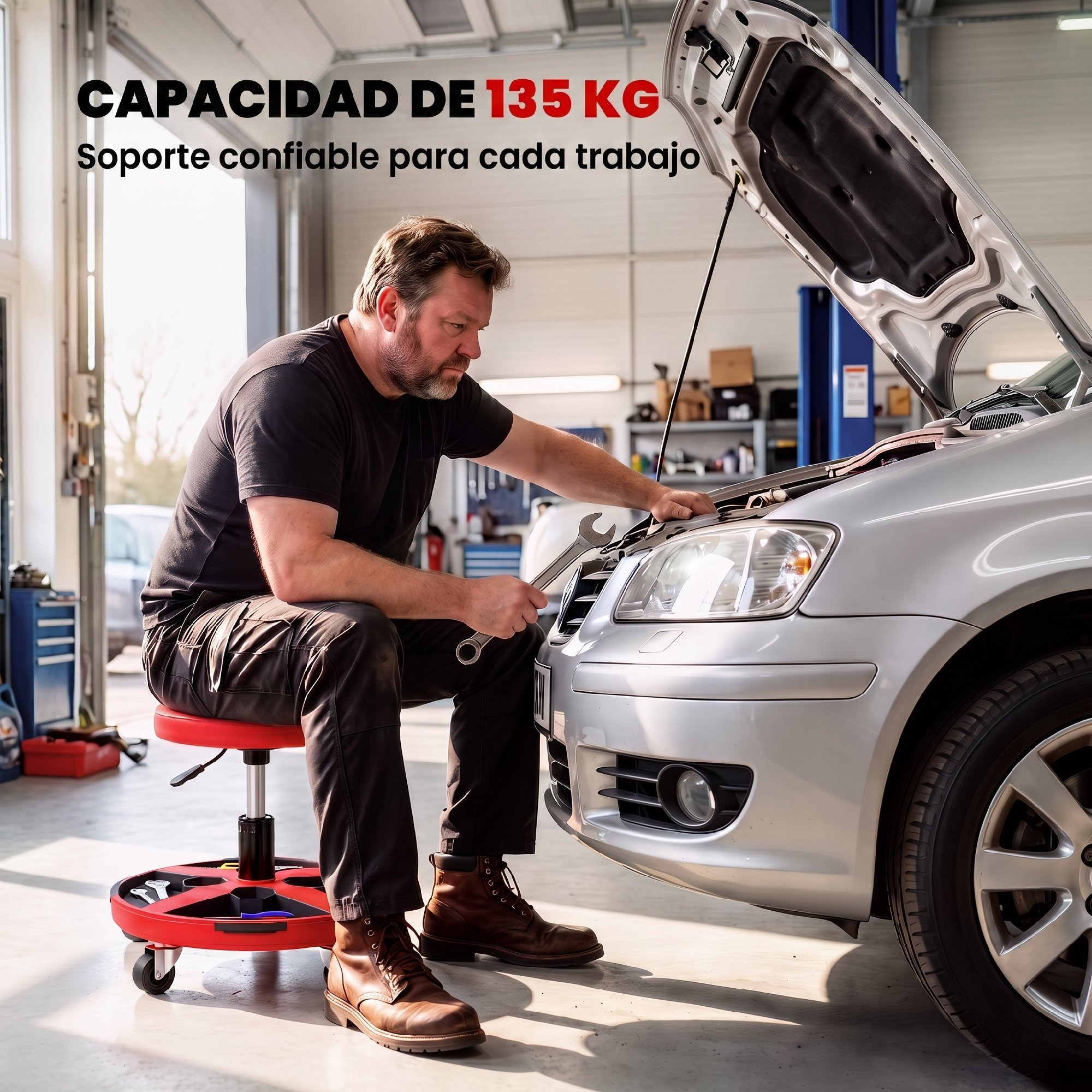 Mecánico sentado en un taburete rojo reparando un coche plateado en un taller.