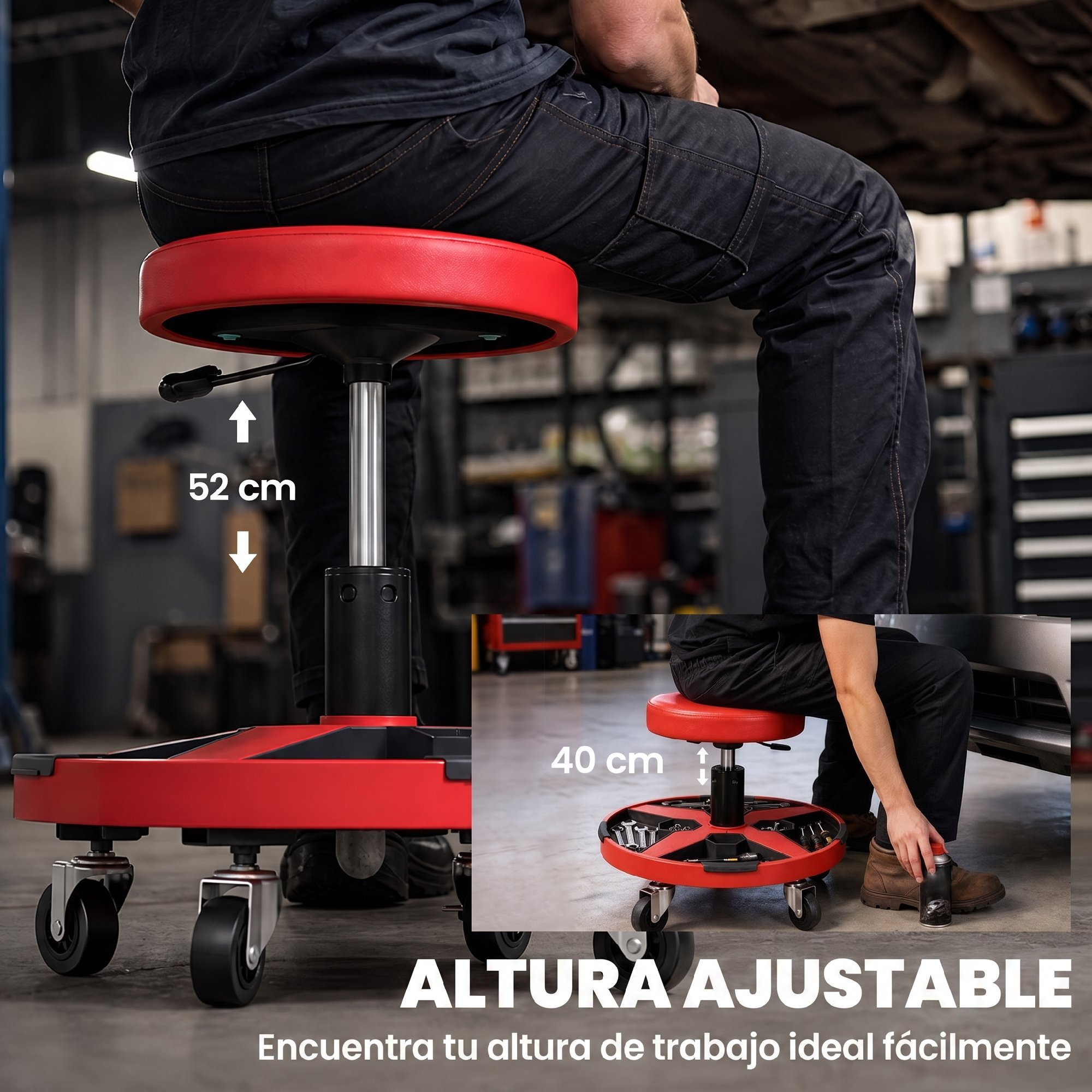 Persona sentado en un taburete con ruedas rojo ajustable en un taller, mostrando alturas.
